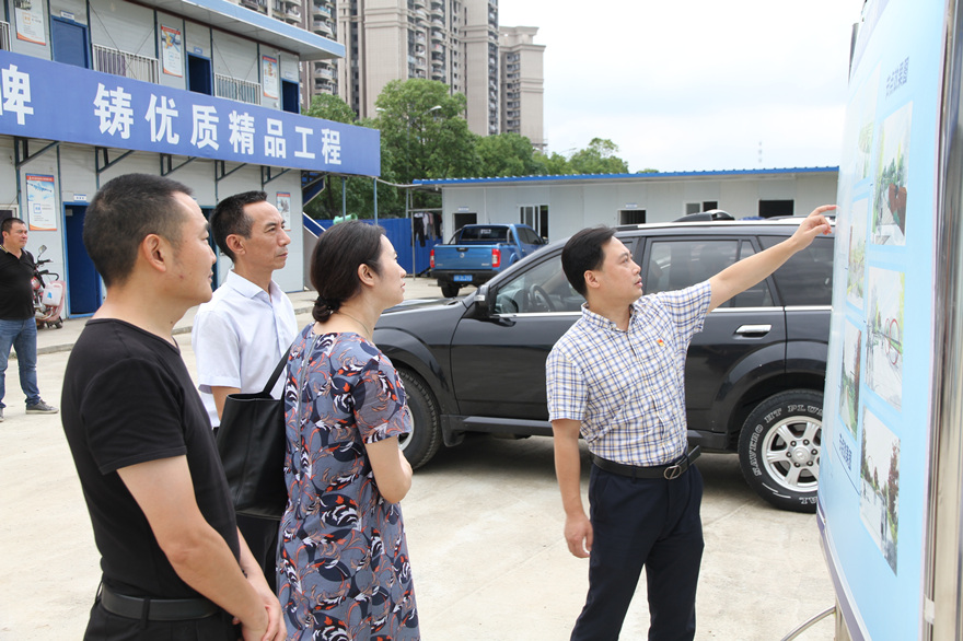 图片1：市直机关工委副书记杨玲审查展板，，听取项目推进情形_副本