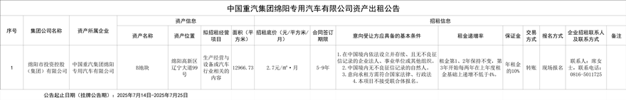 中国重汽集团绵阳专用汽车有限公司资产出租通告