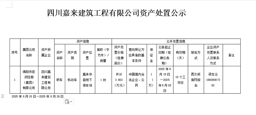 四川嘉来修建工程有限公司资产处理公示