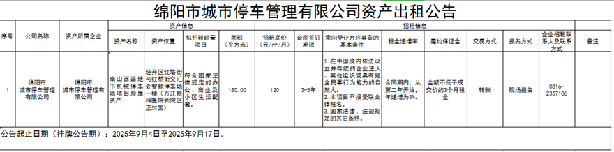 绵阳市都会停车治理有限公司资产出租通告